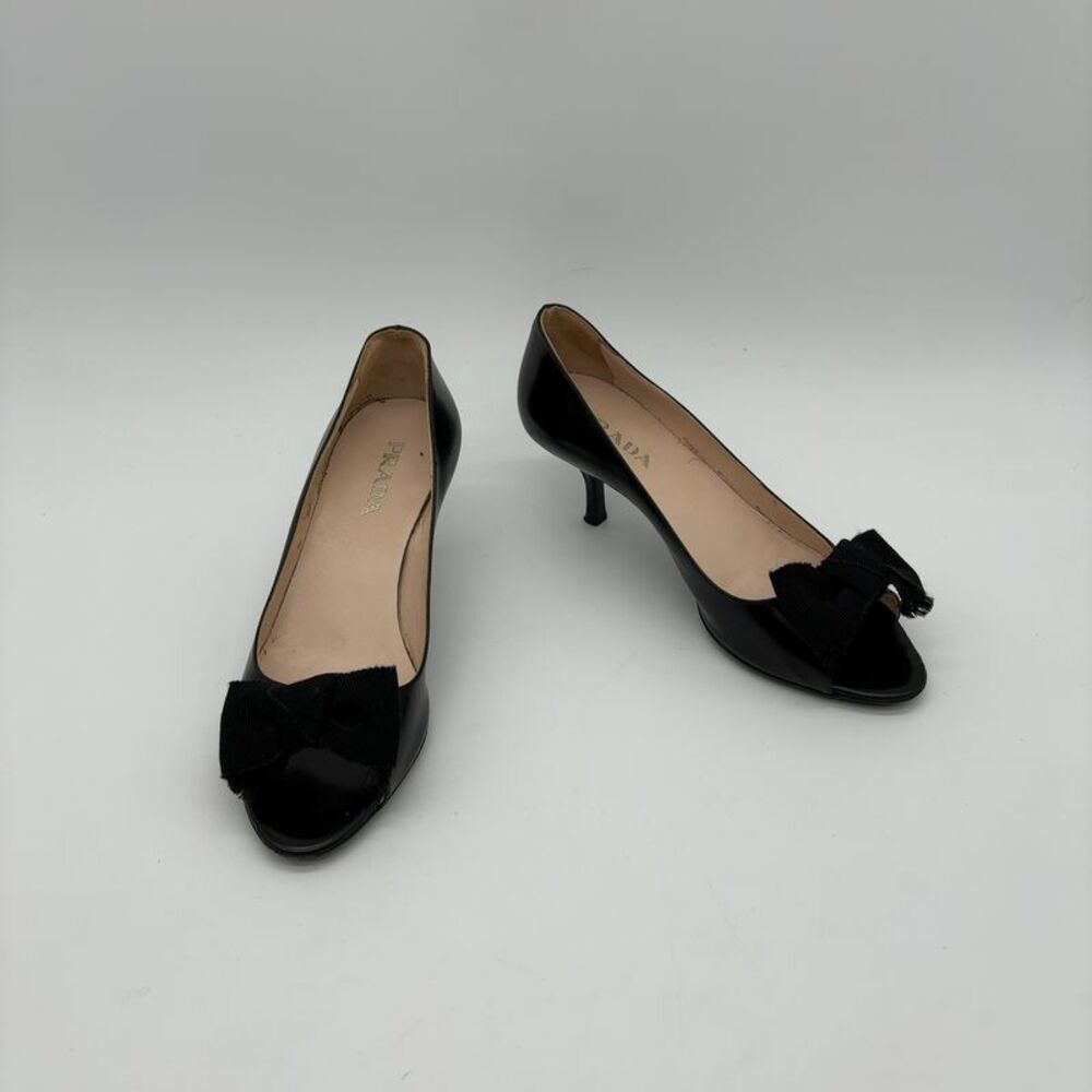 Prada Black Leather Bow Peep Toe Pumps